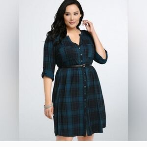 Torrid SZ 3 Midi Button Blue and Black Plaid Dress with Black Belt, 3/4 Sleeves